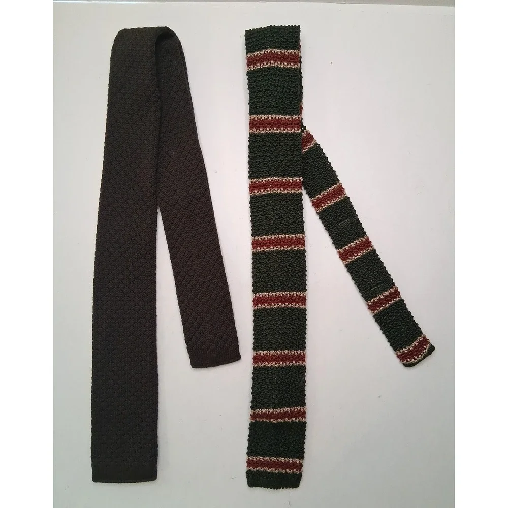 2 Classic Poly Knit Ties Men's Slim Fit Neckties Dk Brown & Hunter Green Striped